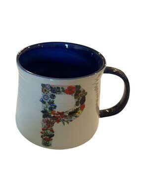 Anthropologie Nathalie Lete Floral Initial P Ceramic Mug Blue Interior 12oz